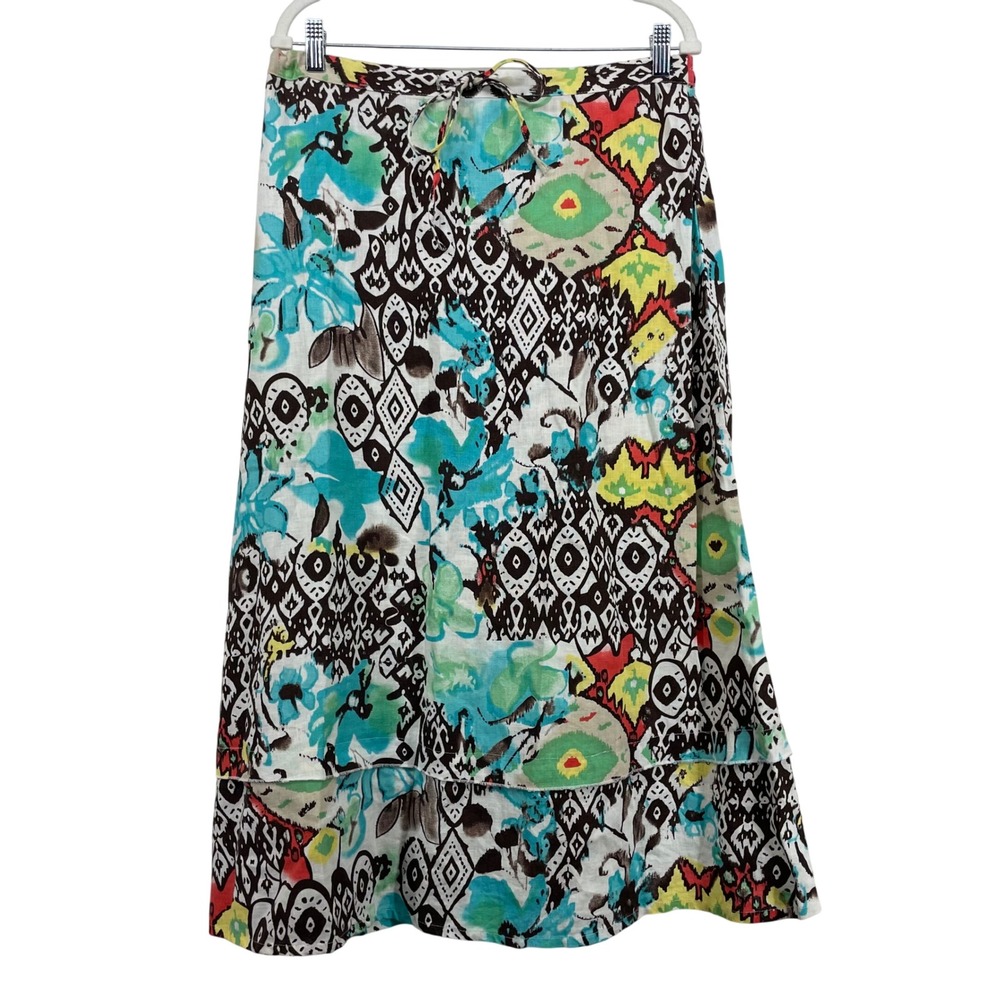 Choices‎ Women's Size Large Linen Maxi Skirt Boho Multicolor Ikat Floral Tiered